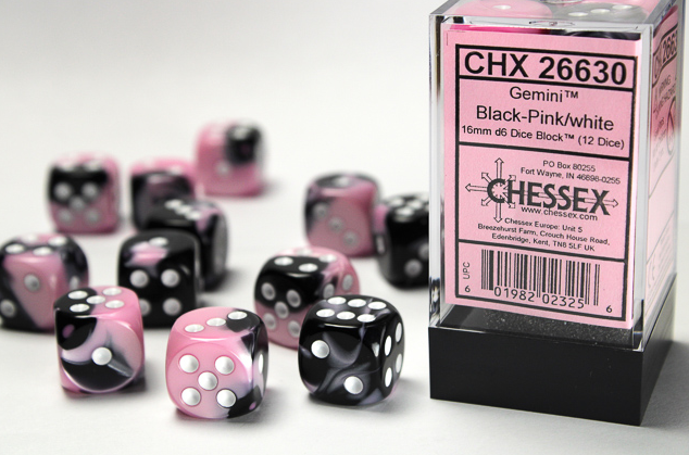 Chessex - 12MM D6 Black-Pink/White